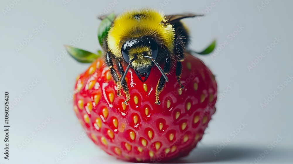 Poster A close-up front view of a bee resting on a strawberry, its antennae touching the surface, plain background, 4K resolution