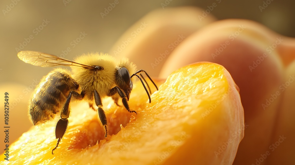Poster A back-angle view of a bee exploring a peach slice, its wings shimmering in the light, plain background, 4K resolution