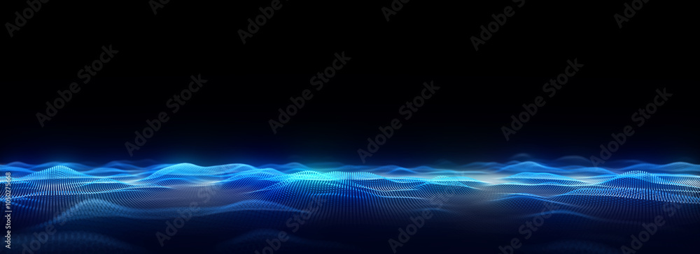 Poster abstract technology wave with motion glowing dots. dark cyberspace in digital background. connection