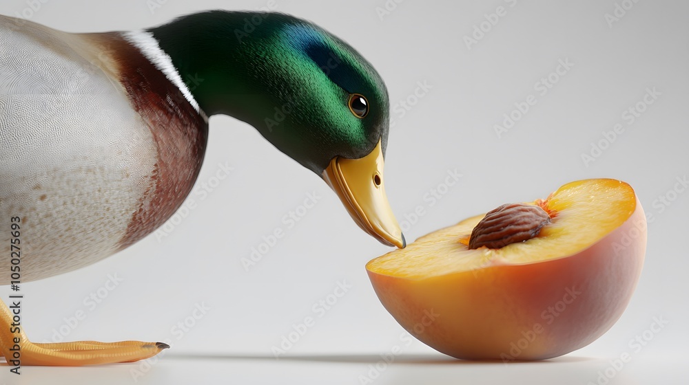 Poster A back-angle view of a duck approaching a slice of peach, its tail feathers visible, plain background, 4K resolution