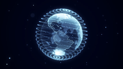 Virtual security planet Earth managing ai. Abstract network connection on digital background. Technology processing data in galaxy. Futuristic 3D wireframe sphere. Globe polygon. 3D rendering.