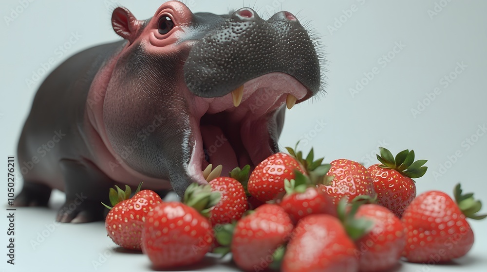 Poster a low-angle view of a pygmy hippopotamus inspecting a cluster of strawberries, its mouth open in cur