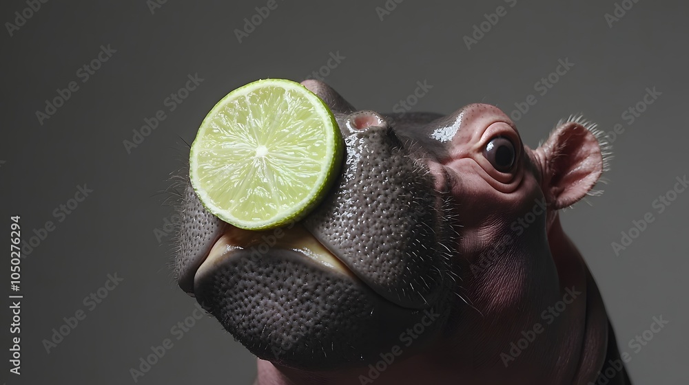 Poster a close-up view of a pygmy hippopotamus sniffing a slice of lime, its snout inches away, plain backg