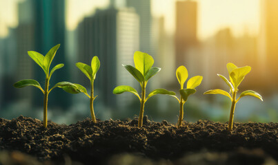Five green plants growing in soil with city skyline in background