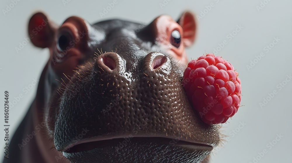 Aufkleber a close-up front view of a pygmy hippopotamus peering at a raspberry, its nostrils wide with interes