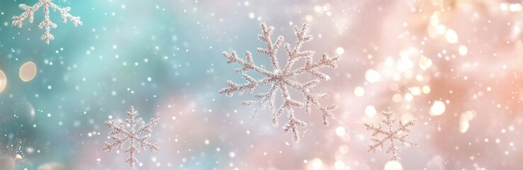 Winter background with soft falling snowflakes, festive holiday banner. Festive winter atmosphere. Banner.