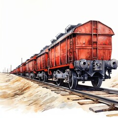 Obraz premium Red freight train wagons on railway track. Watercolor illustration on white background.
