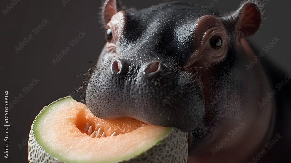 Poster a top-down view of a pygmy hippopotamus inspecting a slice of cantaloupe, plain background, 4k resol