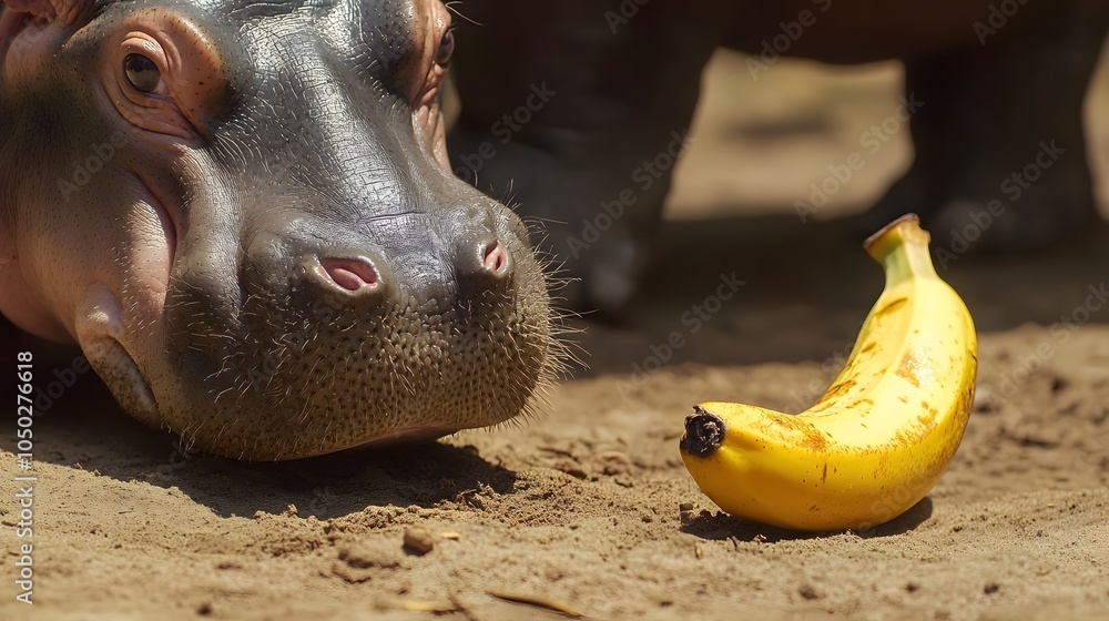Poster A close-up view of a pygmy hippopotamus near a banana slice, its nose hovering close, plain background, 4K resolution