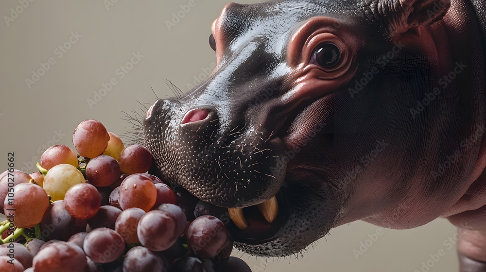 Poster A high-angle shot of a pygmy hippopotamus sniffing a bunch of grapes, its mouth slightly open, plain background, 4K resolution