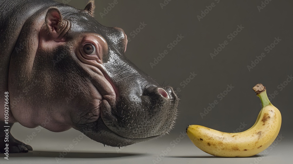 Poster a close-up view of a pygmy hippopotamus near a banana slice, its nose hovering close, plain backgrou