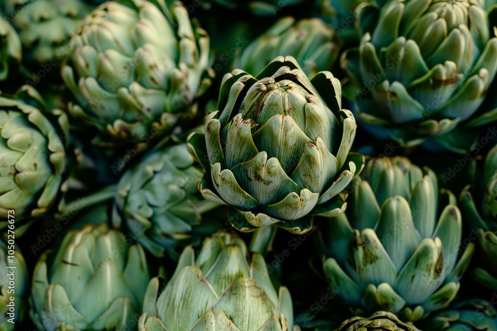 Poster fresh artichokes are piled on top of each other, creating a beautiful display of textures