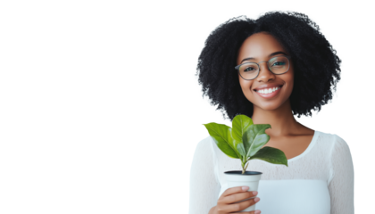 Smiling black woman holding a plant isolated on transparent background
