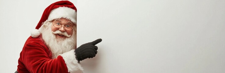 Santa Claus pointing at blank white wall, message space. Festive greeting invitation. Banner.