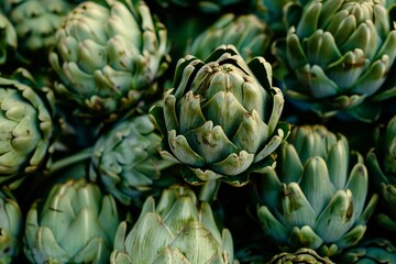 Obraz premium Fresh artichokes are piled on top of each other, creating a beautiful display of textures