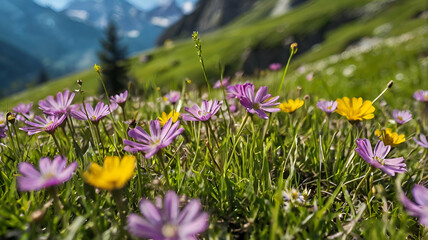 Fototapeta premium mountain landscape in the Alps with blooming meadows in springtime
