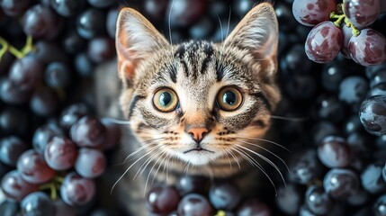 A high-angle shot of a cat surrounded by grapes, its head tilted in curiosity, plain background, 4K resolution