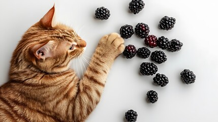 A top-down view of a cat lying next to a handful of blackberries, one paw stretched out towards the...