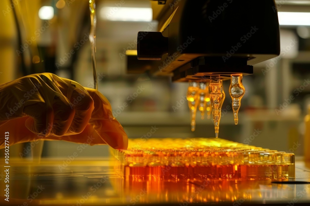 Aufkleber laboratory technician uses automated equipment to fill vials with liquid samples for testing