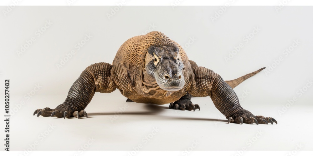 Poster komodo dragon is captured in a dynamic walking position emphasizing its rough textured skin and fork