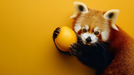A top-down shot of a red panda sitting near a slice of mango, its paws resting by the fruit, plain background, 4K resolution