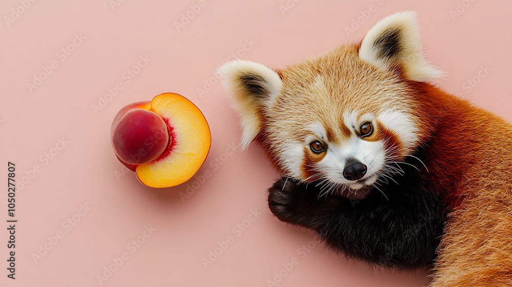 Poster A top-down view of a red panda laying next to a sliced peach, its paw resting gently on the edge of the fruit, plain background, 4K resolution