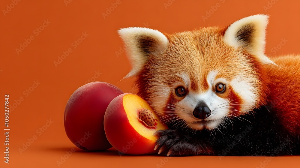 Poster A top-down view of a red panda laying next to a sliced peach, its paw resting gently on the edge of the fruit, plain background, 4K resolution