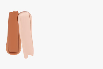 Composition of foundation cream smears on a light background. Makeup product, beauty textures.
