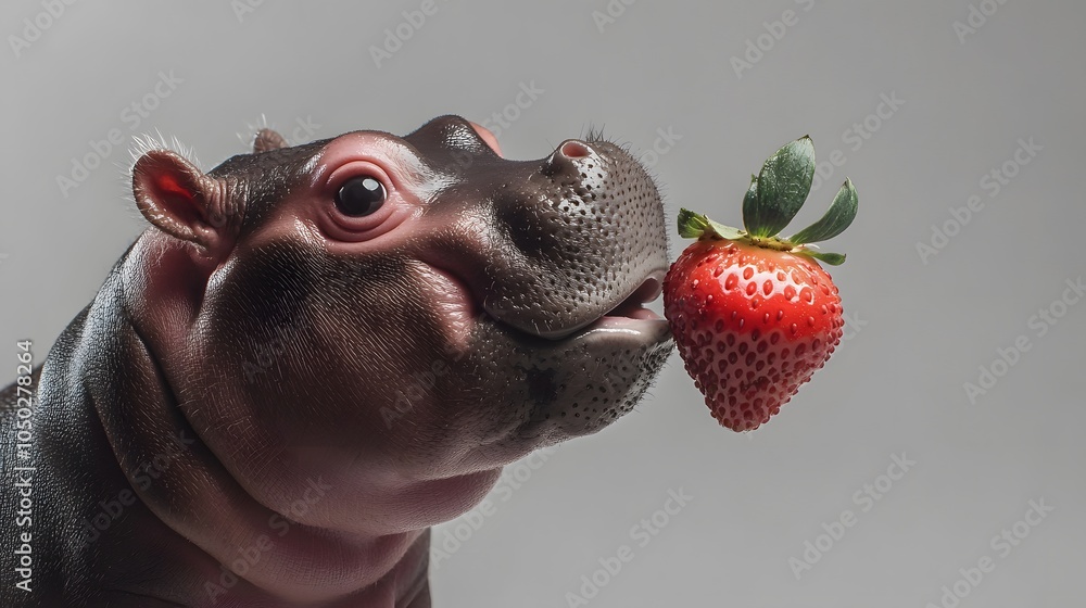 Poster a front-angle view of a baby pygmy hippopotamus sniffing a strawberry, its tiny face showing excitem