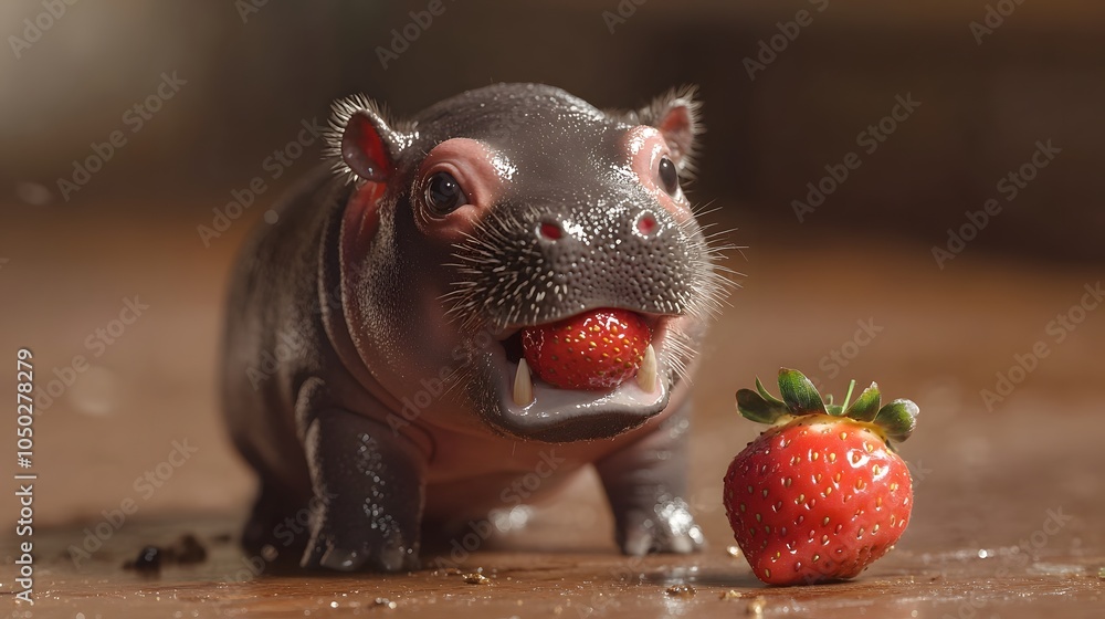 Poster a front-angle view of a baby pygmy hippopotamus sniffing a strawberry, its tiny face showing excitem
