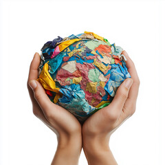 Holding globe made of crumpled paper, symbolizing environmental awareness and need for global care. This image evokes sense of responsibility towards our planet