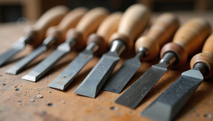 Naklejka premium Row of wood chisels with wooden handles on dusty workbench