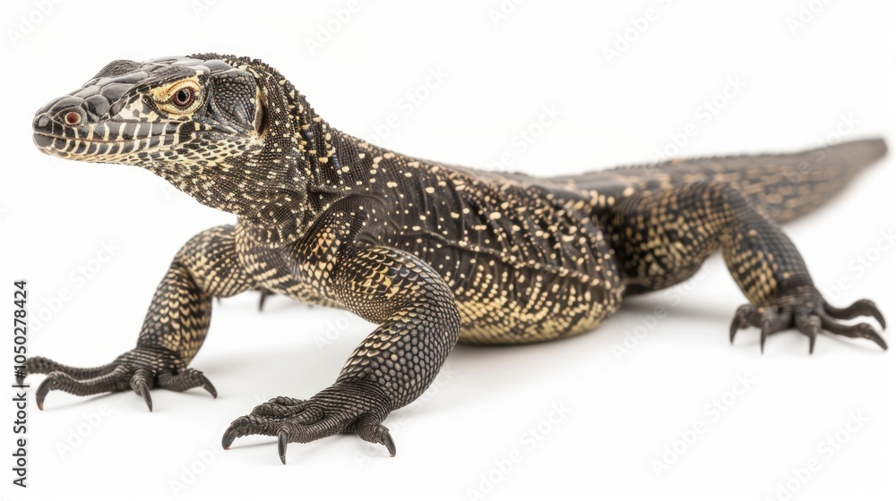 Poster lace monitor lizard showcases its distinctive patterned scales while moving forward against a stark 
