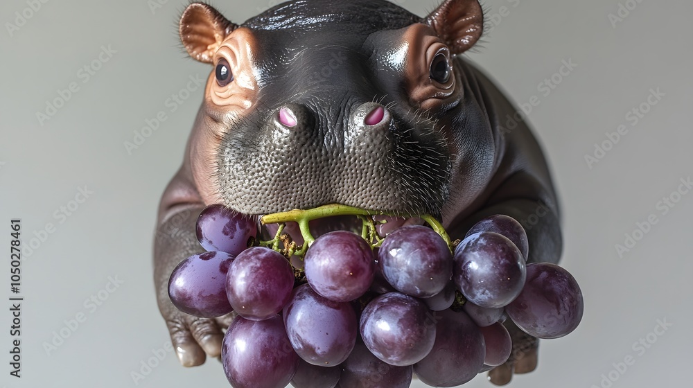 Poster a top-down view of a baby pygmy hippopotamus exploring a bunch of grapes, its mouth slightly open, p
