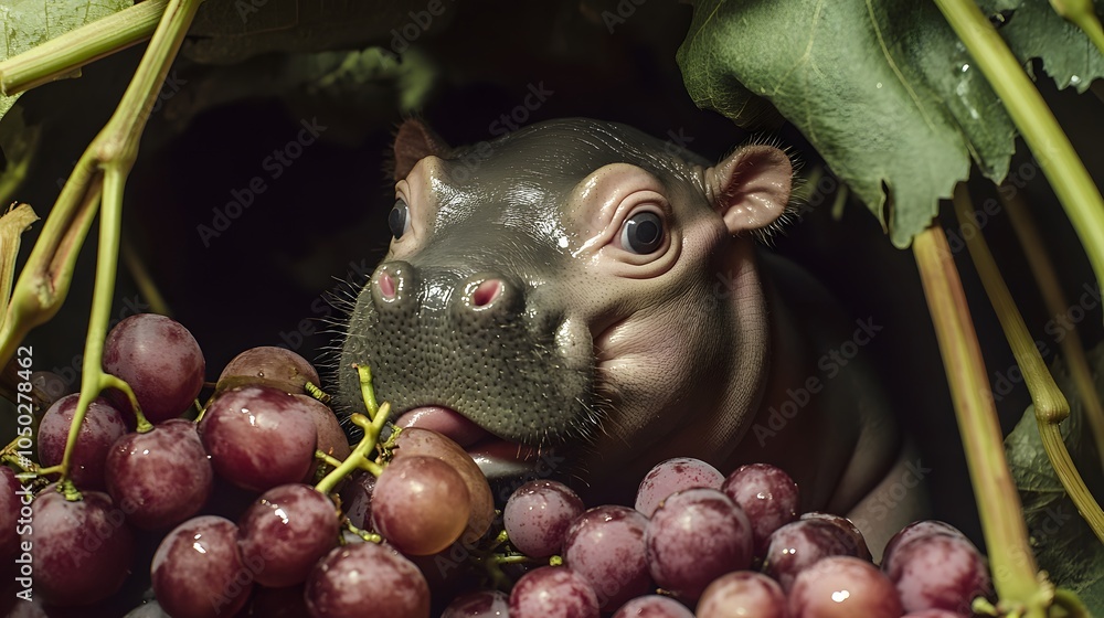 Poster A top-down view of a baby pygmy hippopotamus exploring a bunch of grapes, its mouth slightly open, plain background, 4K resolution