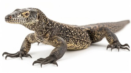 Obraz premium Lace Monitor lizard showcases its distinctive patterned scales while moving forward against a stark white background highlighting its features under controlled studio lighting.