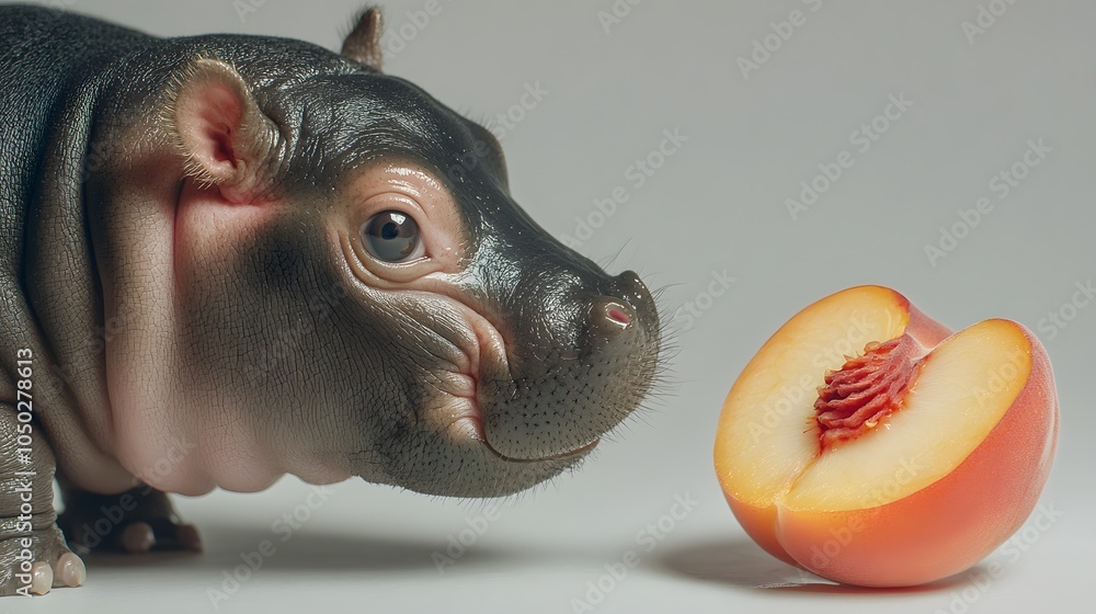 Poster a close-up side view of a baby pygmy hippopotamus looking at a slice of peach, its eyes fixed on the