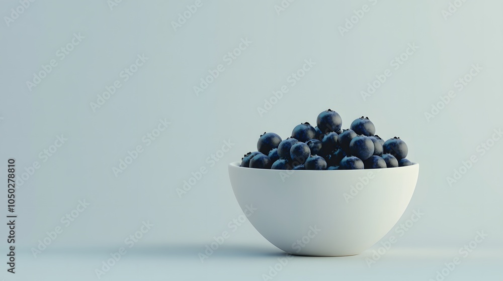 Poster A side-angle view of a simple white bowl with neatly stacked blueberries, positioned on a table, plain background, 4K resolution