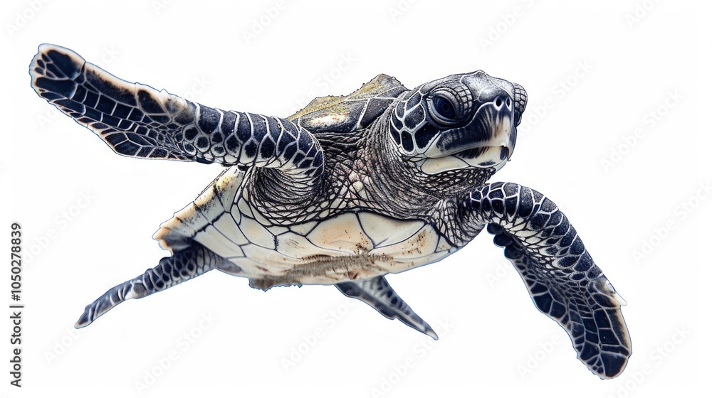 Poster tiny leatherback sea turtle hatchling is making its way forward on a white surface showcasing its di