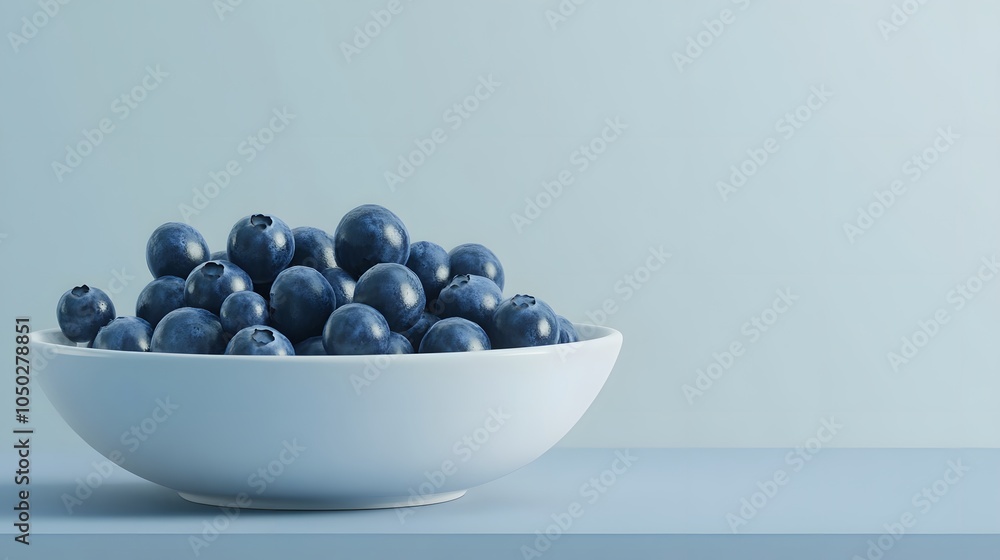 Poster A side-angle view of a simple white bowl with neatly stacked blueberries, positioned on a table, plain background, 4K resolution