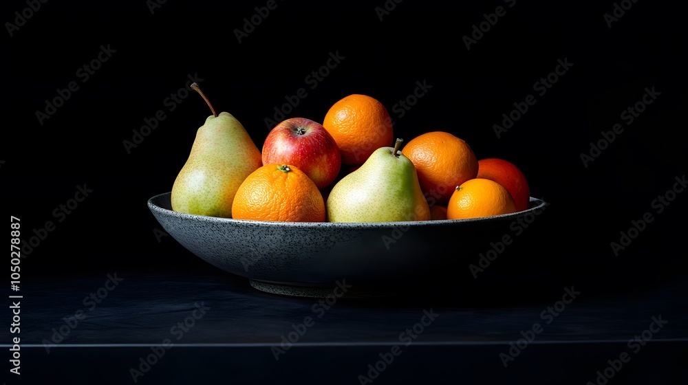 Poster a wide-angle shot of a bowl filled with apples, oranges, and pears, creating a balanced look on the 