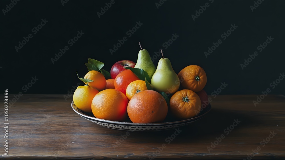 Poster A wide-angle shot of a bowl filled with apples, oranges, and pears, creating a balanced look on the table, plain background, 4K resolution