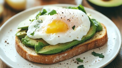 A close up of avocado toast topped with a poached egg and fresh herbs.