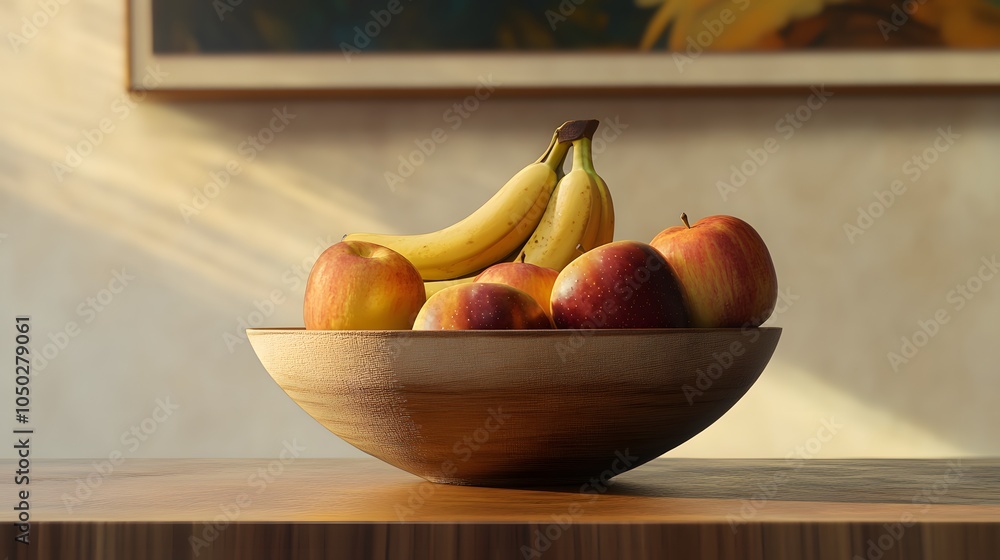 Poster a front-angle view of a bowl filled with bananas and apples, artfully arranged on a smooth table sur