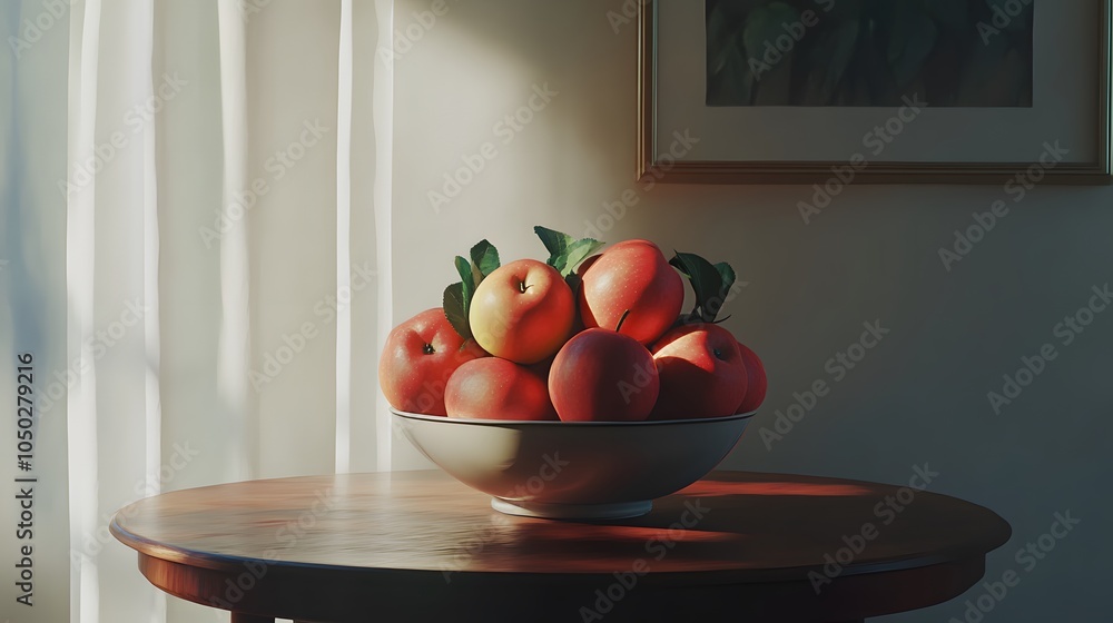 Poster A high-angle shot of a bowl overflowing with apples, arranged neatly on a round table, plain background, 4K resolution