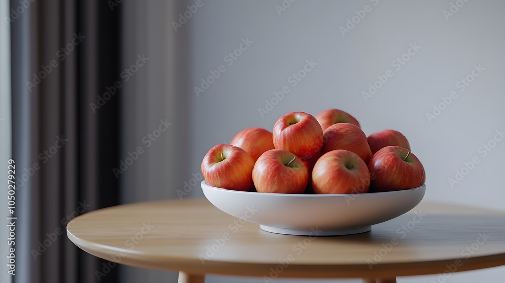 Poster A high-angle shot of a bowl overflowing with apples, arranged neatly on a round table, plain background, 4K resolution