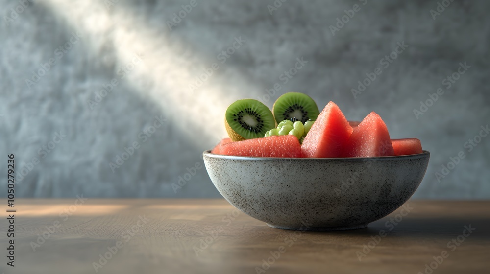 Poster A front-angle view of a bowl with watermelon and kiwi, presented beautifully on a polished table, plain background, 4K resolution