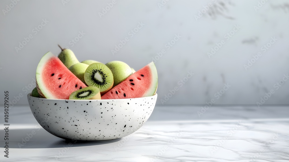 Poster A front-angle view of a bowl with watermelon and kiwi, presented beautifully on a polished table, plain background, 4K resolution