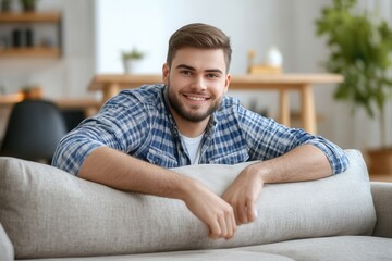 Obraz premium A young man with a friendly smile leans on a soft, light colored sofa in a stylish living room. The space is bright and welcoming, featuring contemporary decor and greenery in the background.