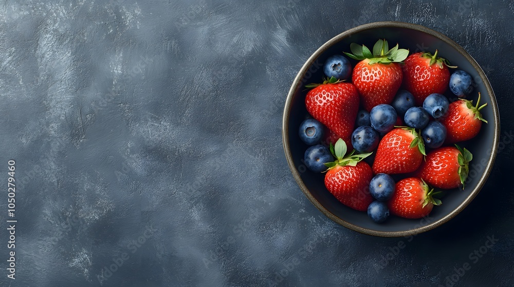 Poster A top-down view of a bowl overflowing with strawberries and blueberries, placed on a simple table, plain background, 4K resolution